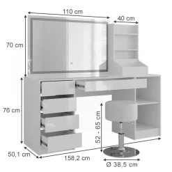 Schminktisch Sherry Weiß/Weiß Hochglanz 158.2 cm 4 Teile Vicco