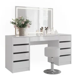 Schminktisch Sherry Weiß/Weiß Hochglanz 158.2 cm mit LED-Spiegel und Hocker Vicco