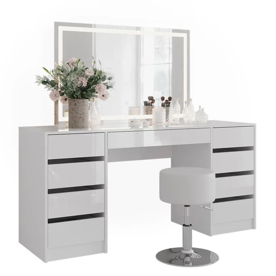 Schminktisch Sherry Weiß/Weiß Hochglanz 158.2 cm mit LED-Spiegel und Hocker Vicco