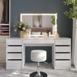 Schminktisch Sherry Weiß/Weiß Hochglanz 158.2 cm mit LED-Spiegel und Hocker Vicco