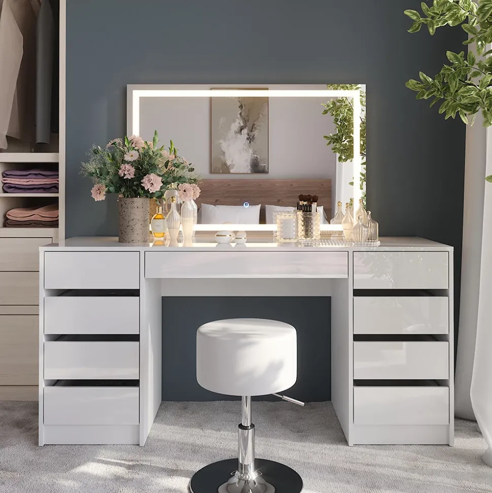 Schminktisch Sherry Weiß/Weiß Hochglanz 158.2 cm mit LED-Spiegel und Hocker Vicco