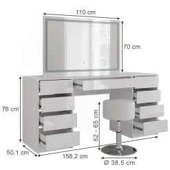 Schminktisch Sherry Weiß/Weiß Hochglanz 158.2 cm mit LED-Spiegel und Hocker Vicco