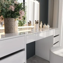 Schminktisch Sherry Weiß/Weiß Hochglanz 158.2 cm mit LED-Spiegel und Hocker Vicco