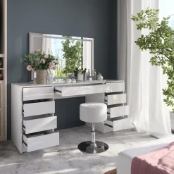 Schminktisch Sherry Weiß/Weiß Hochglanz 158.2 cm mit LED-Spiegel und Hocker Vicco