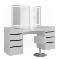 Schminktisch Sherry Weiß/Weiß Hochglanz 158.2 cm mit LED-Spiegel und Hocker Vicco