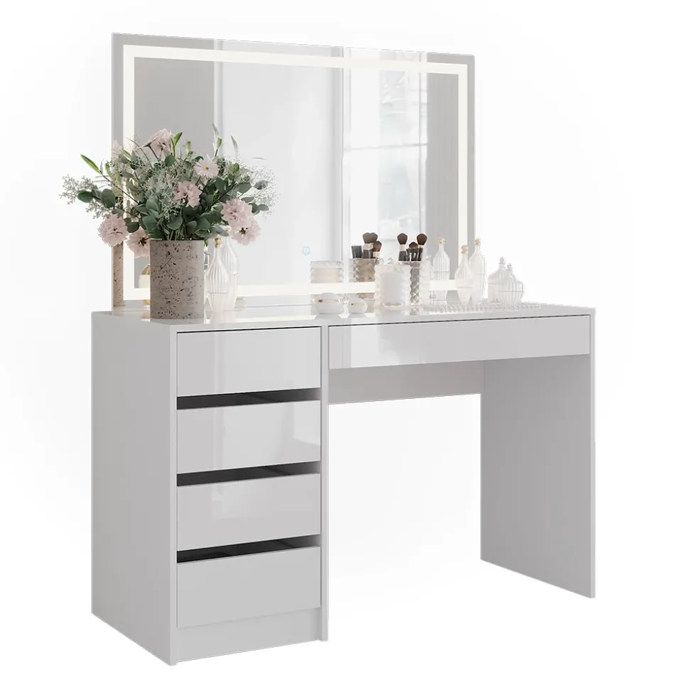 Schminktisch Sherry Weiß/Weiß Hochglanz 119.8 cm mit LED-Spiegel Vicco