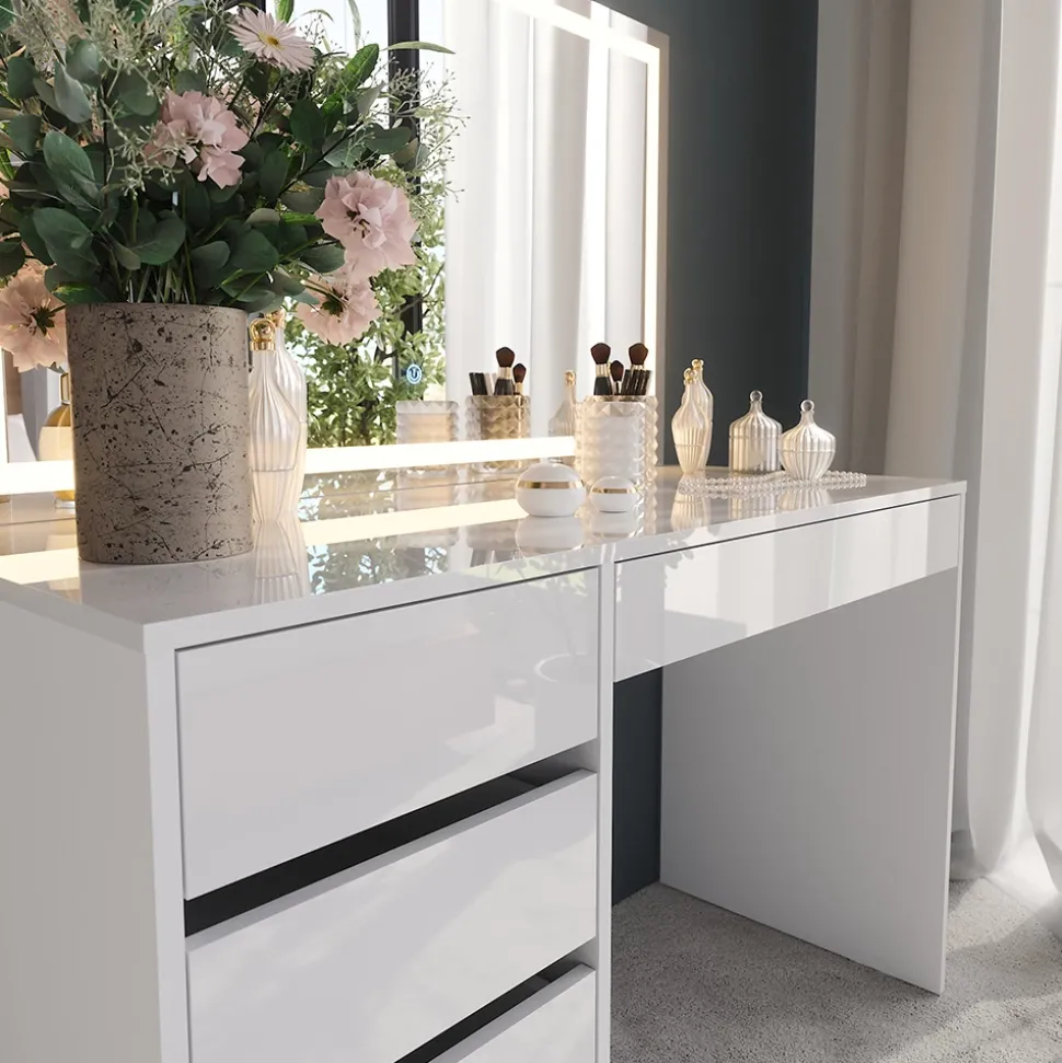 Schminktisch Sherry Weiß/Weiß Hochglanz 119.8 cm mit LED-Spiegel Vicco