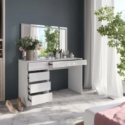 Schminktisch Sherry Weiß/Weiß Hochglanz 119.8 cm mit LED-Spiegel Vicco