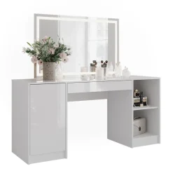 Schminktisch Sherry Weiß/Weiß Hochglanz 158.2 cm mit LED-Spiegel Vicco