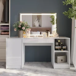 Schminktisch Sherry Weiß/Weiß Hochglanz 158.2 cm mit LED-Spiegel Vicco