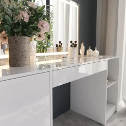 Schminktisch Sherry Weiß/Weiß Hochglanz 158.2 cm mit LED-Spiegel Vicco