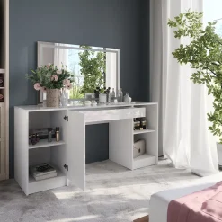 Schminktisch Sherry Weiß/Weiß Hochglanz 158.2 cm mit LED-Spiegel Vicco