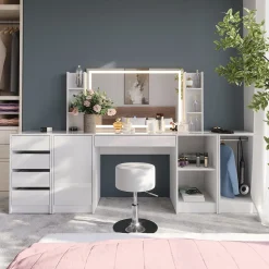 Schminktisch Sherry Weiß/Weiß Hochglanz 158.2 cm mit LED-Spiegel Vicco