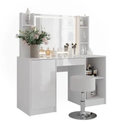 Schminktisch Sherry Weiß/Weiß Hochglanz 128.2 cm mit LED-Spiegel und Hocker Vicco