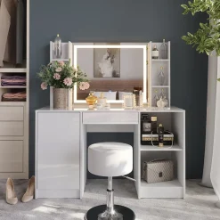 Schminktisch Sherry Weiß/Weiß Hochglanz 128.2 cm mit LED-Spiegel und Hocker Vicco