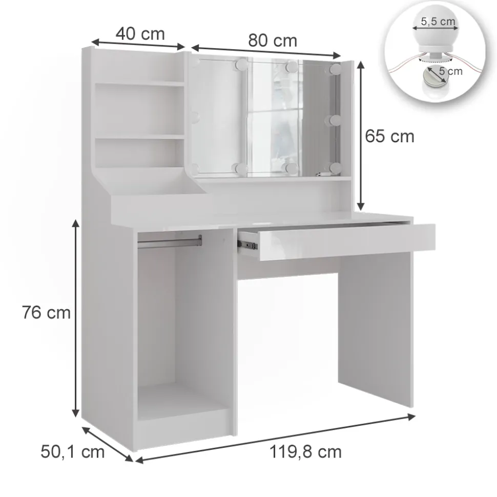 Schminktisch Sherry Weiß/Weiß Hochglanz 119.8 cm 4 Teile Vicco