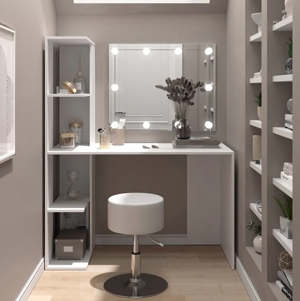 Schminktisch Tower Weiß 122.2 cm mit Beleuchtung und Hocker Vicco