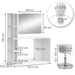 Schminktisch Tower Weiß 122.2 cm mit Beleuchtung und Hocker Vicco