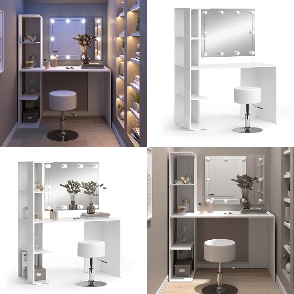 Schminktisch Tower Weiß 122.2 cm mit Beleuchtung und Hocker Vicco