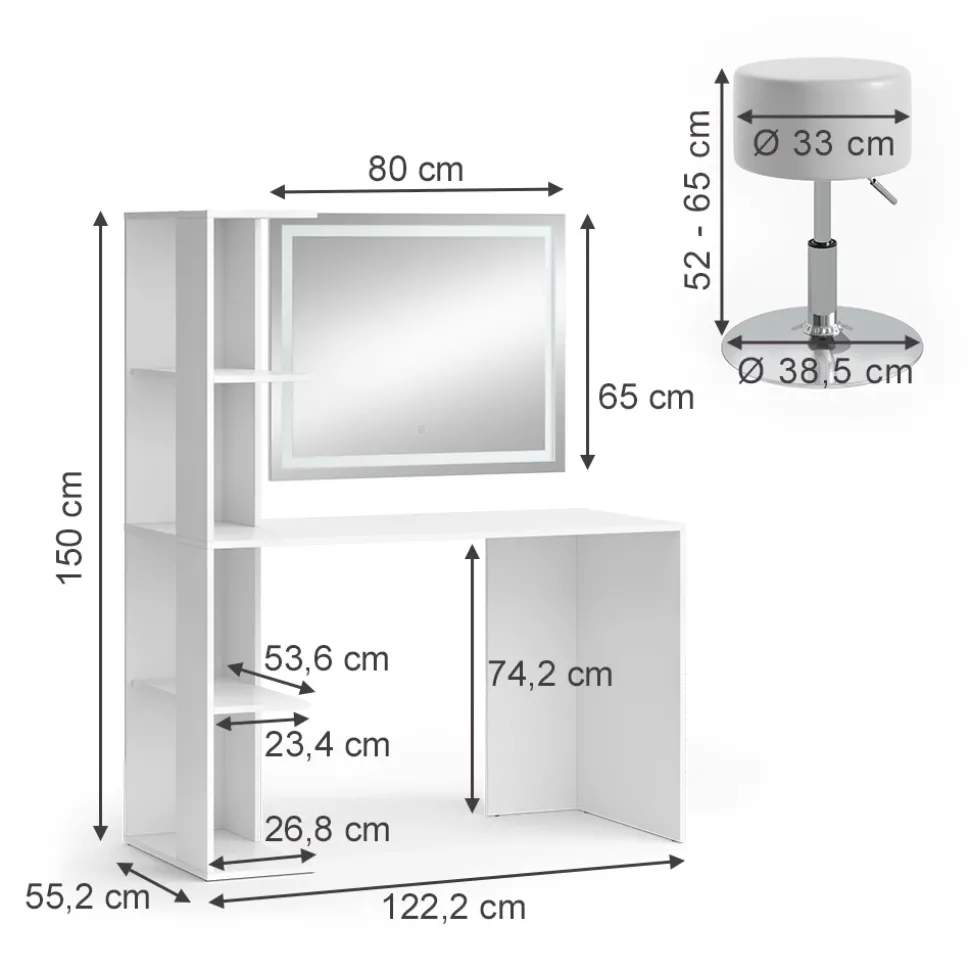 Schminktisch Tower Weiß 122.2 cm mit Beleuchtung und Hocker Vicco