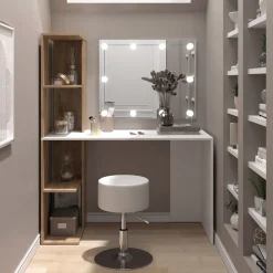 Schminktisch Tower Weiß/Sonoma 122.2 cm mit Beleuchtung und Hocker Vicco