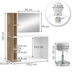 Schminktisch Tower Weiß/Sonoma 122.2 cm mit Beleuchtung und Hocker Vicco