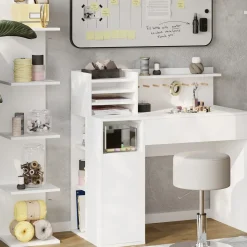 Schreibtisch Weiß 3 Teile, mit Bücherregal und Hocker Vicco