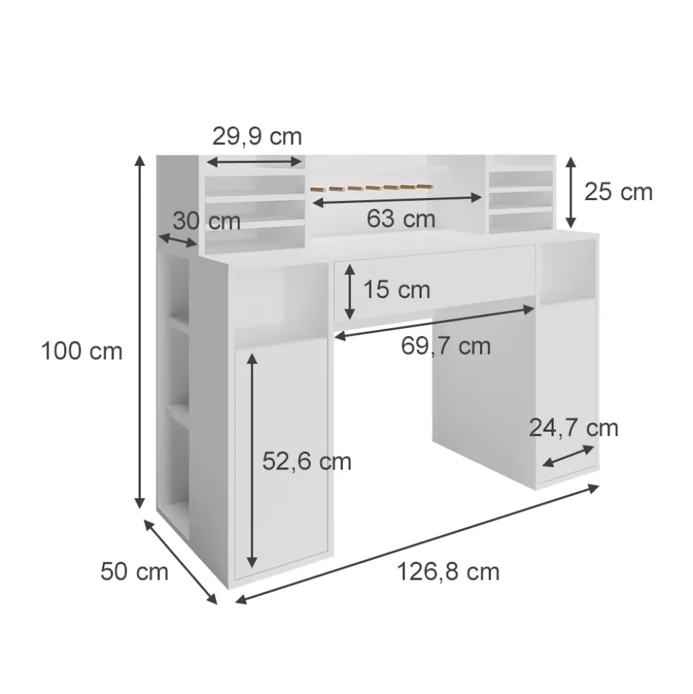 Schreibtisch Weiß 126.8 x 50 cm XL mit Regale Vicco