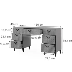 Schreibtisch Anett Grau 150 x 45 cm mit 7 Schubladen Vicco
