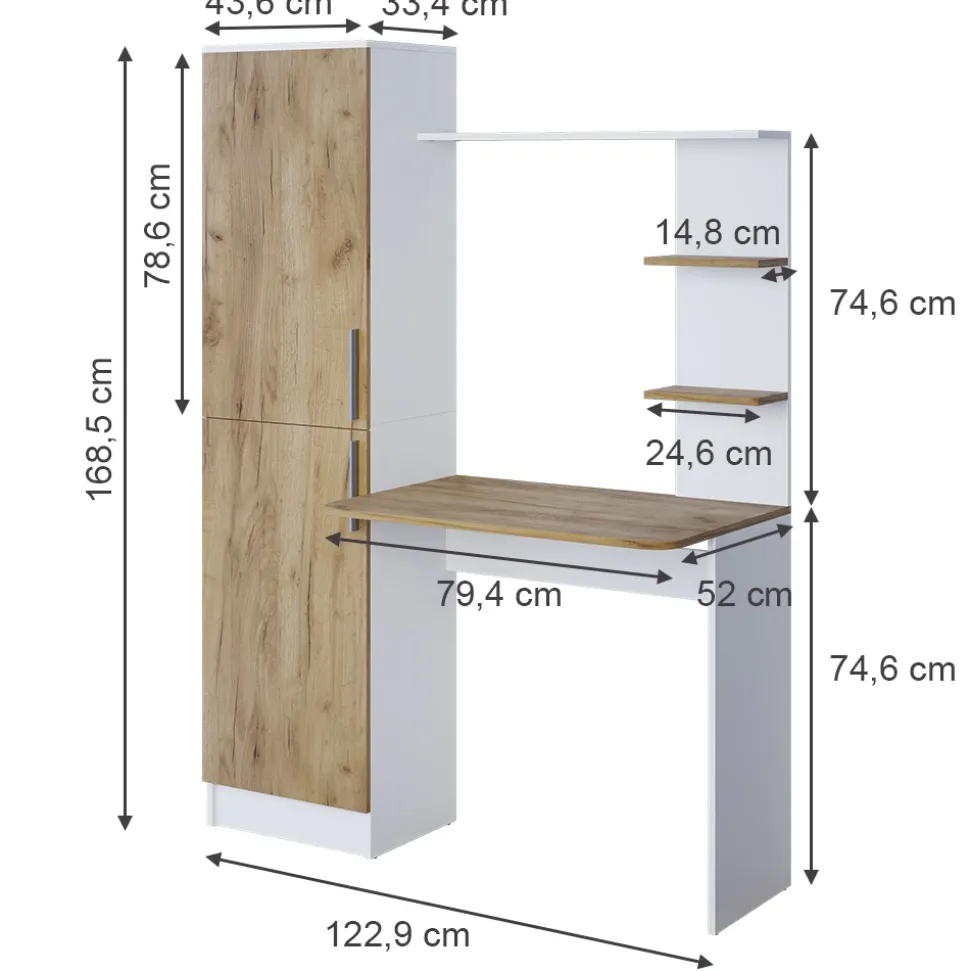 Schreibtisch Tessa Weiß/Goldkraft Eiche 122.9 x 52 cm Vicco