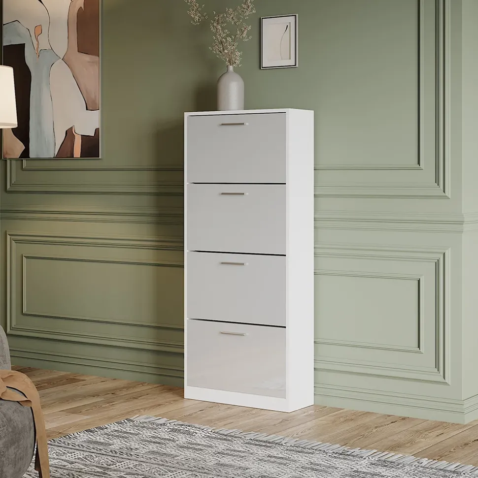 Schuhkipper Gizmo Weiß/Weiß Hochglanz 59 x 137 cm mit 4 Fächern Vicco