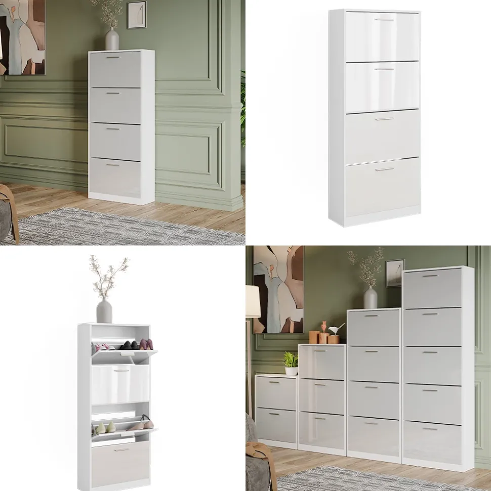 Schuhkipper Gizmo Weiß/Weiß Hochglanz 59 x 137 cm mit 4 Fächern Vicco