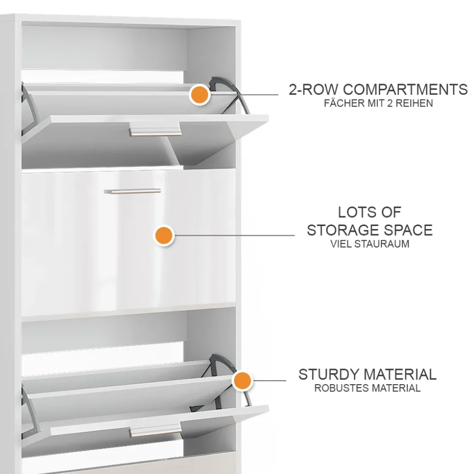 Schuhkipper Gizmo Weiß/Weiß Hochglanz 59 x 137 cm mit 4 Fächern Vicco