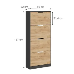 Schuhkipper Luca Anthrazit/Goldkraft Eiche 59 x 137 cm mit 4 Fächern Vicco