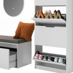 Schuhkipper Luca Weiß 3 Teile, mit LED Spiegel und Sitzbank Vicco