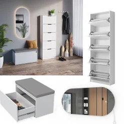 Schuhkipper Luca Weiß 3 Teile, mit LED Spiegel und Sitzbank Vicco