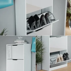 Schuhkipper Luca Weiß/Weiß Hochglanz 59 x 137 cm mit 4 Klappschubladen Vicco