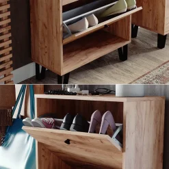Schuhkipper Siri Goldkraft Eiche 130 x 60 cm mit 3 Klappschubladen Vicco