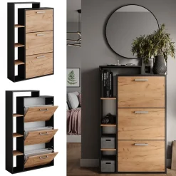 Schuhkommode Orlando Goldkraft Eiche/Anthrazit 80 x 128.3 cm mit 3 Fächern Vicco