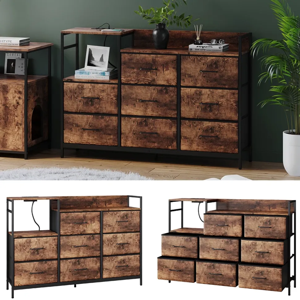 Sideboard Brian Eiche 88 x 30 cm mit 8 Schubladen und USB Vicco