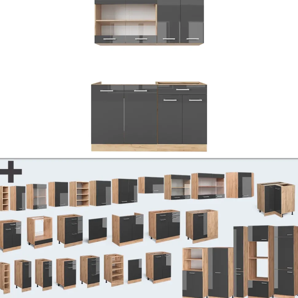 Singleküche R-Line Anthrazit Hochglanz/Goldkraft Eiche 140 cm , AP Anthrazit Vicco