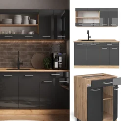 Singleküche R-Line Anthrazit Hochglanz/Goldkraft Eiche 140 cm , AP Anthrazit Vicco