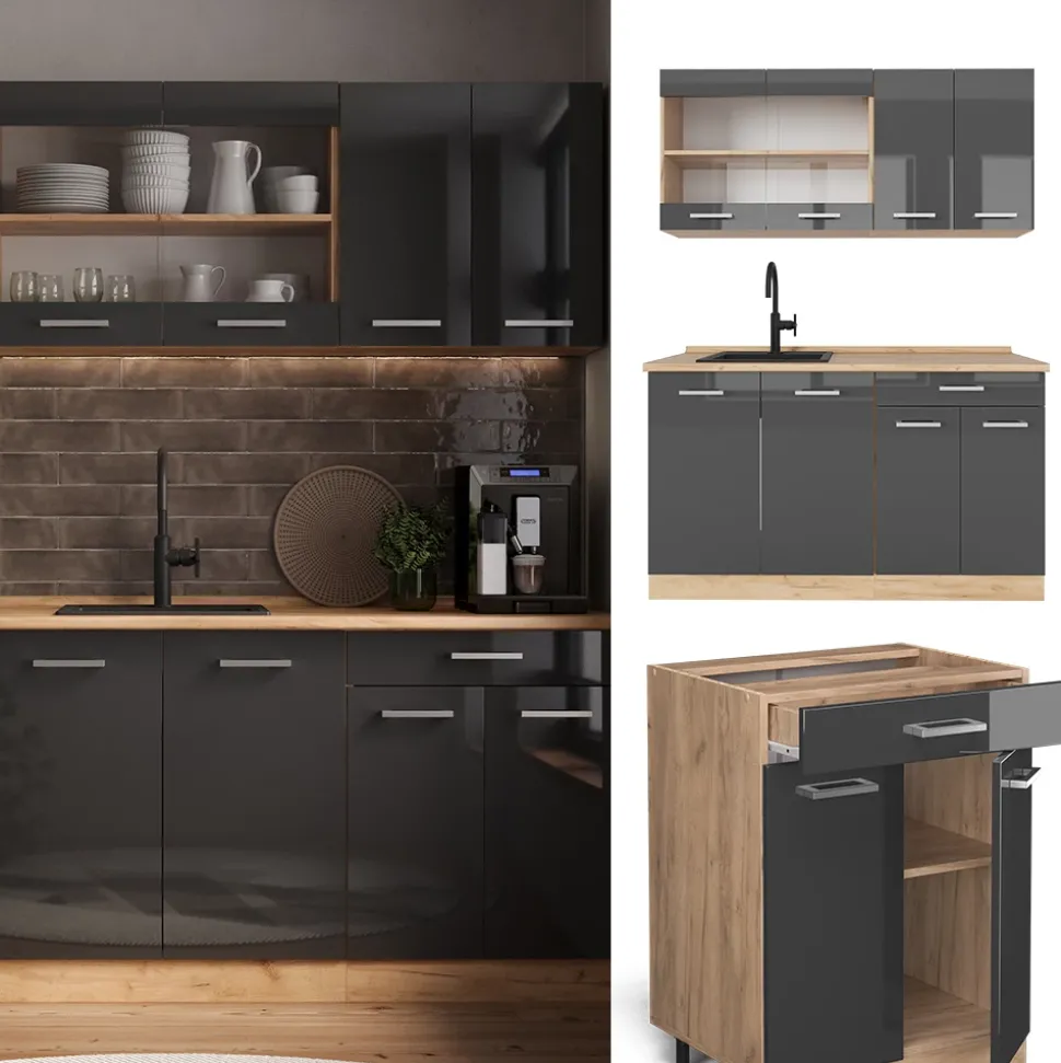 Singleküche R-Line Anthrazit Hochglanz/Goldkraft Eiche 140 cm , AP Anthrazit Vicco