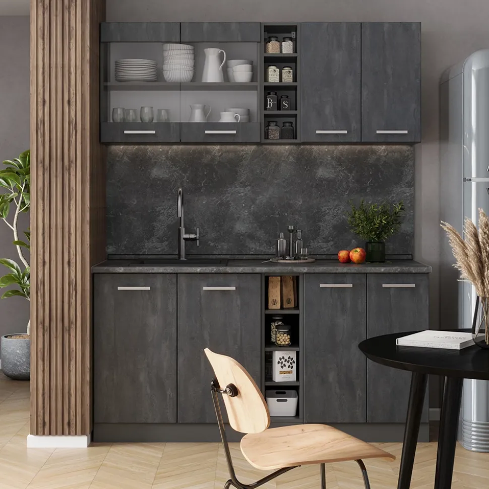 Singleküche R-Line Schwarz Beton/Anthrazit 160 cm AP Eiche Vicco