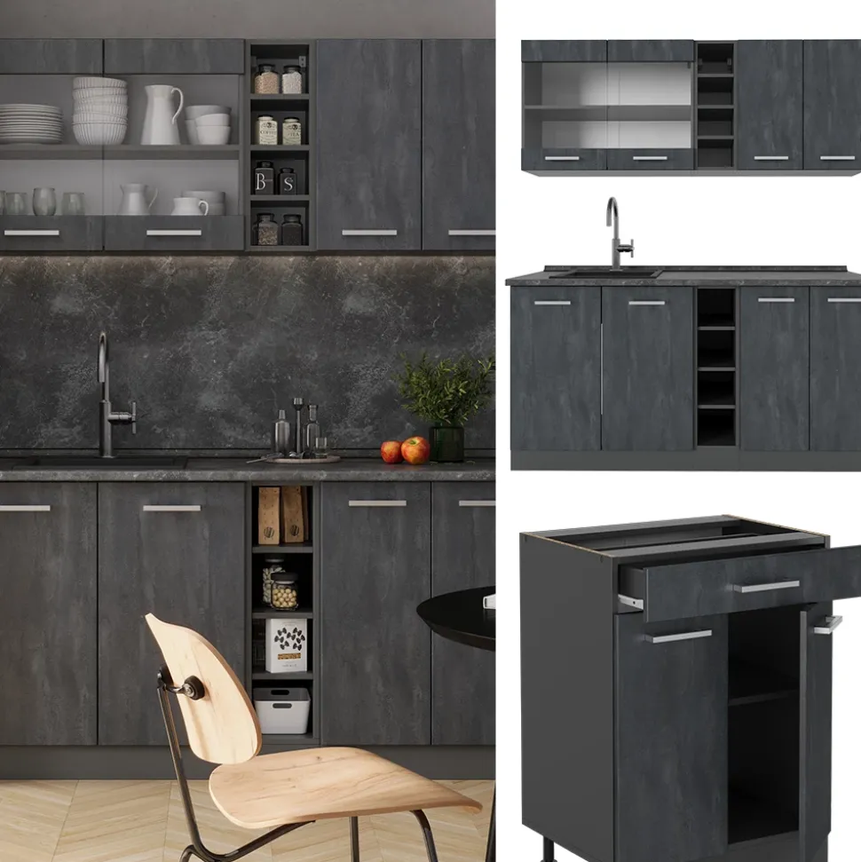 Singleküche R-Line Schwarz Beton/Anthrazit 160 cm AP Eiche Vicco