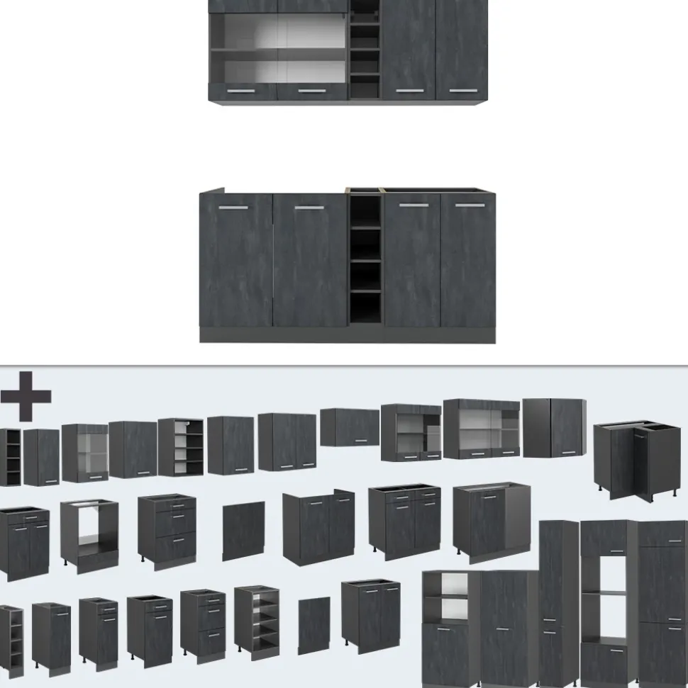 Singleküche R-Line Schwarz Beton/Anthrazit 160 cm AP Eiche Vicco