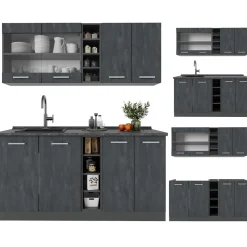 Singleküche R-Line Schwarz Beton/Anthrazit 160 cm AP Eiche Vicco