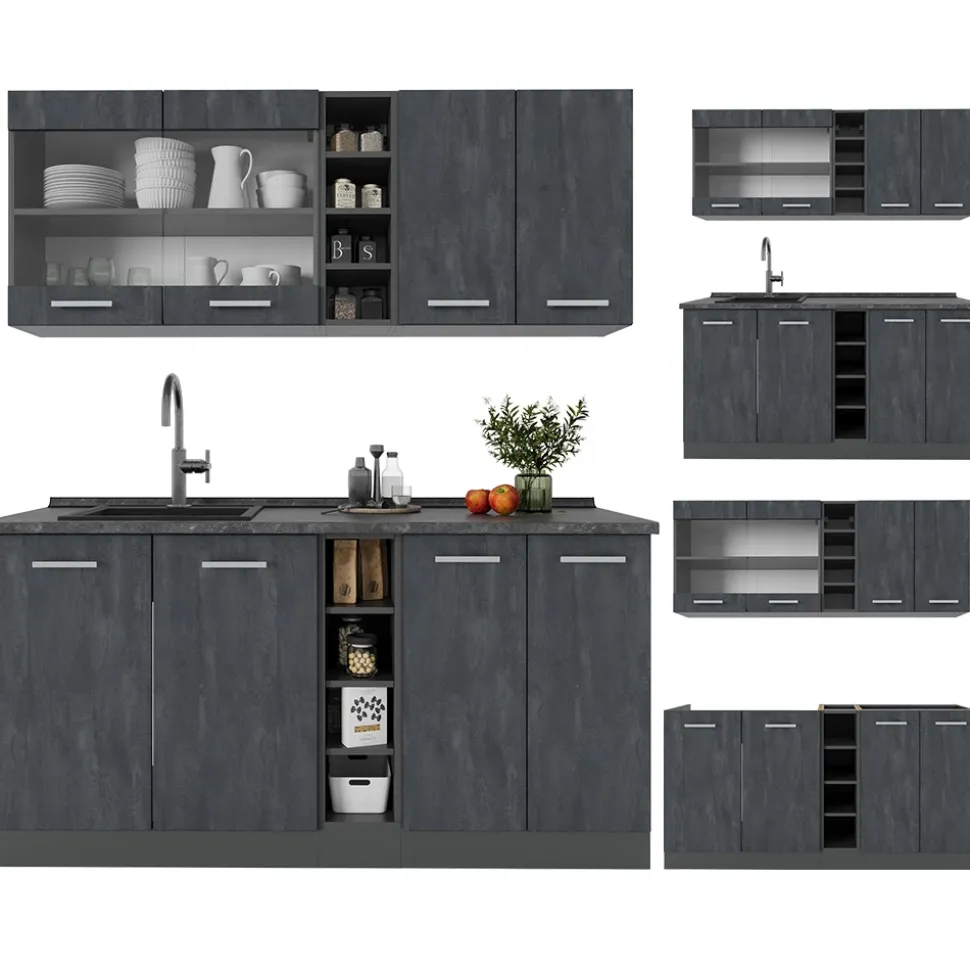 Singleküche R-Line Schwarz Beton/Anthrazit 160 cm AP Eiche Vicco