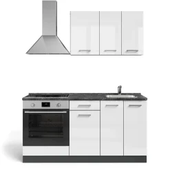 Singleküche R-Line Weiß Hochglanz/Anthrazit 160 cm mit Herdumbauschrank und Spüle mit AP Vicco