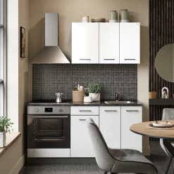 Singleküche R-Line Weiß Hochglanz/Anthrazit 160 cm mit Herdumbauschrank und Spüle mit AP Vicco